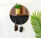 Modern Round Wooden Key Holder with Shelf | Walnut Finish