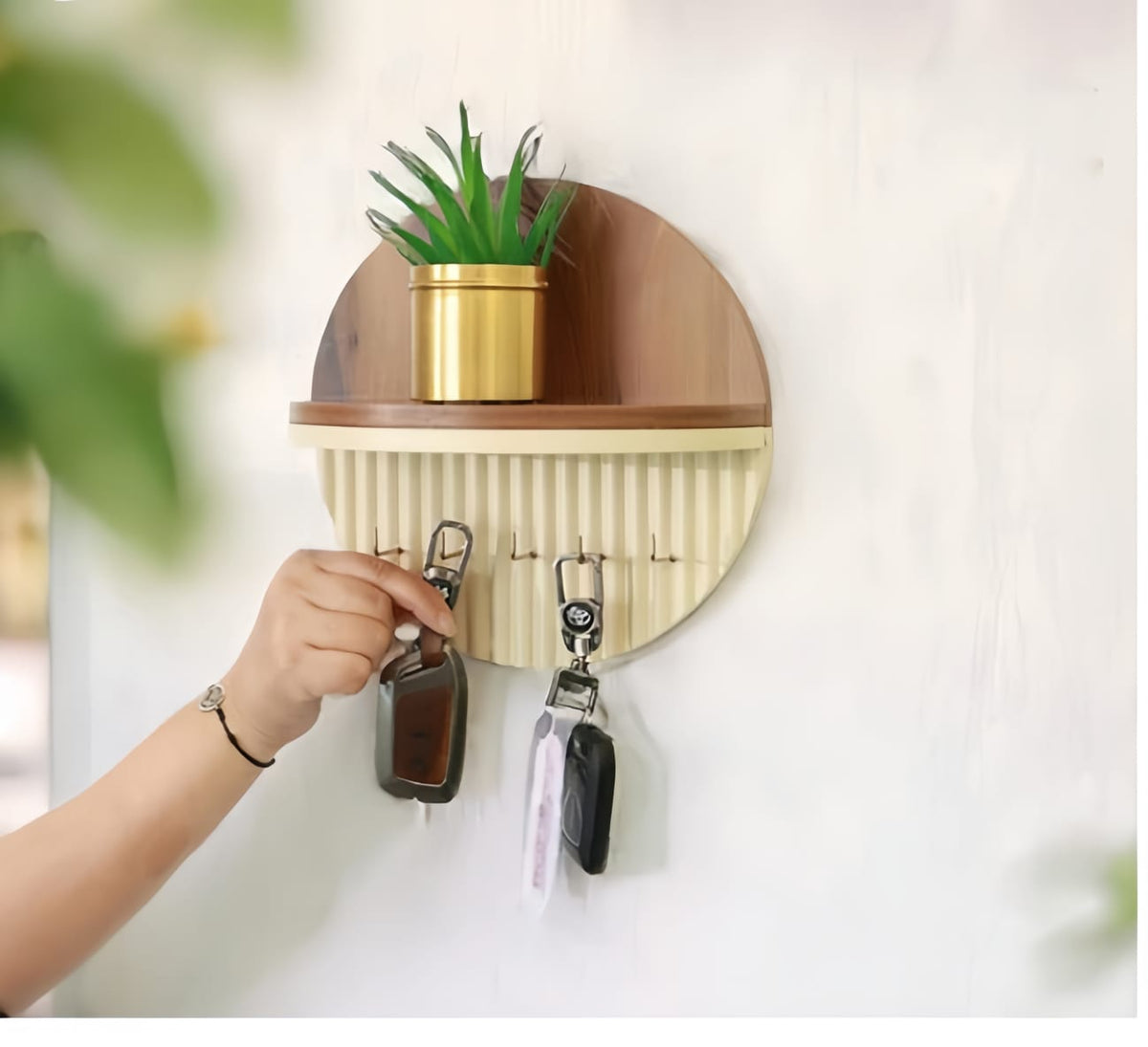 Modern Round Wooden Key Holder with Shelf | Walnut Finish