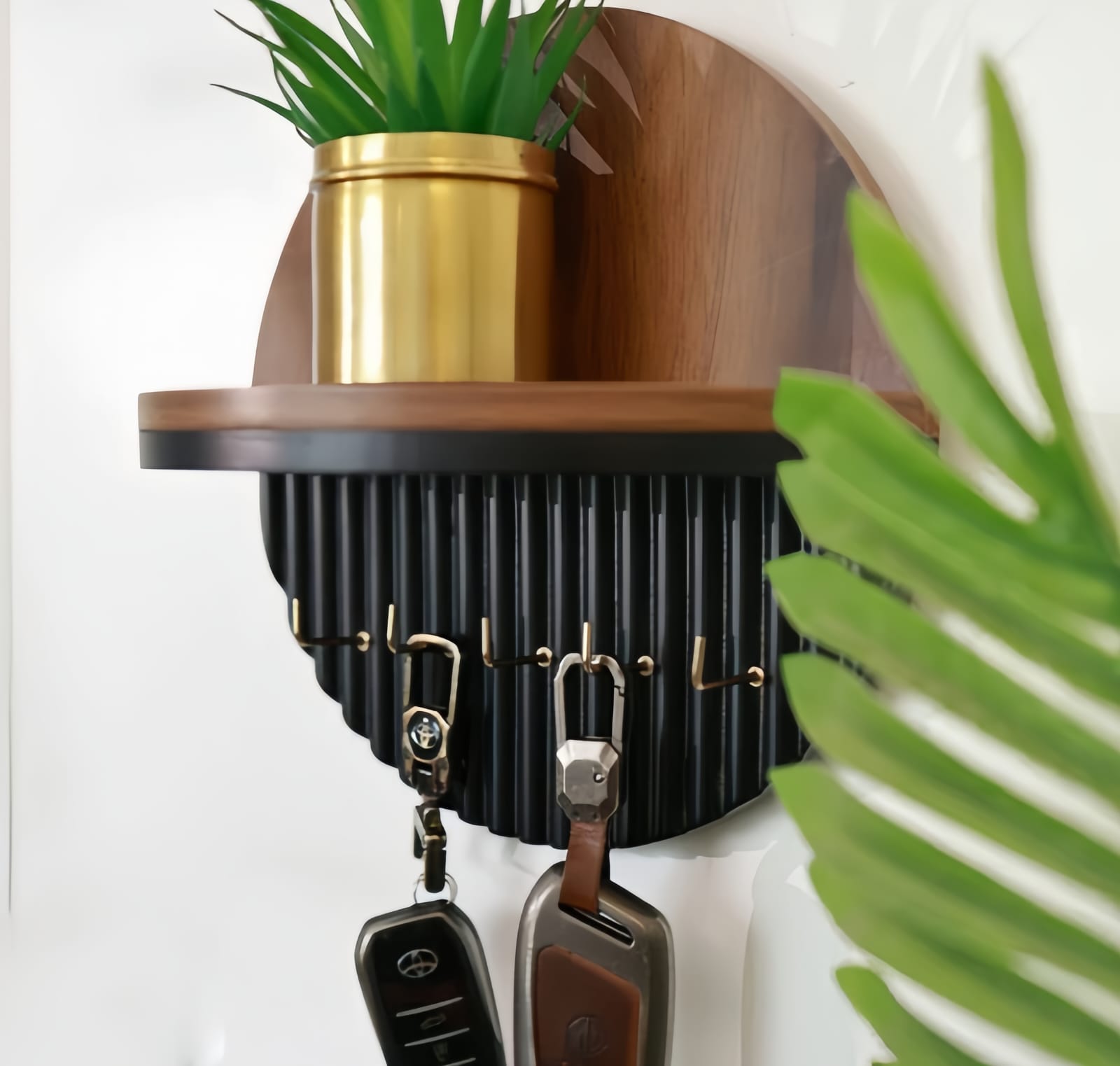 Modern Round Wooden Key Holder with Shelf | Walnut Finish