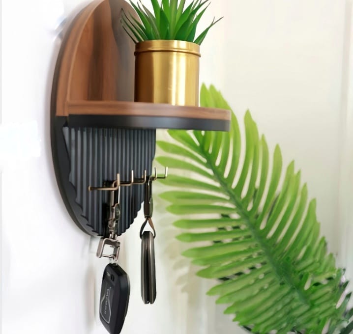 Modern Round Wooden Key Holder with Shelf | Walnut Finish